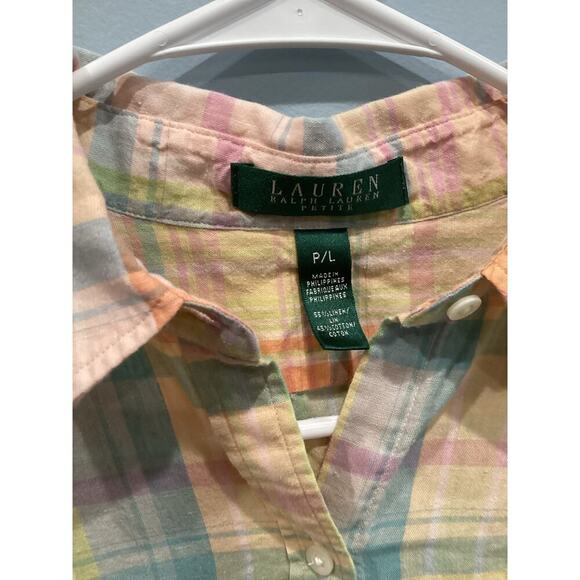 Ralph Lauren Women Linen Blend Button Up Shirt Size LP PL Fisherman Preppy Plaid - Picture 5 of 7